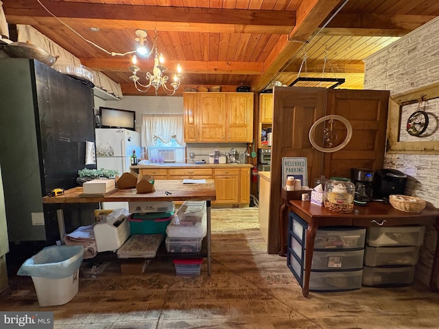 kitchen featuring wooden ceiling, an inviting chandelier, white refrigerator, hardwood / wood-style flooring, and beamed ceiling