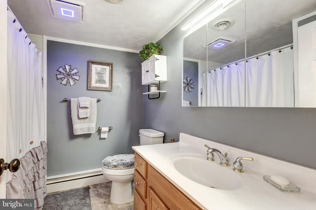 bathroom featuring vanity, toilet, crown molding, and a baseboard radiator