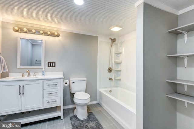 full bathroom featuring ornamental molding, vanity, tub / shower combination, and toilet