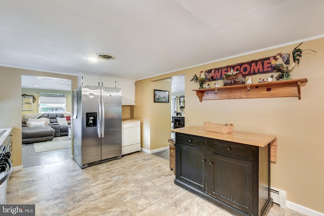 kitchen with stainless steel appliances, a baseboard radiator, dark brown cabinets, white cabinets, and ornamental molding