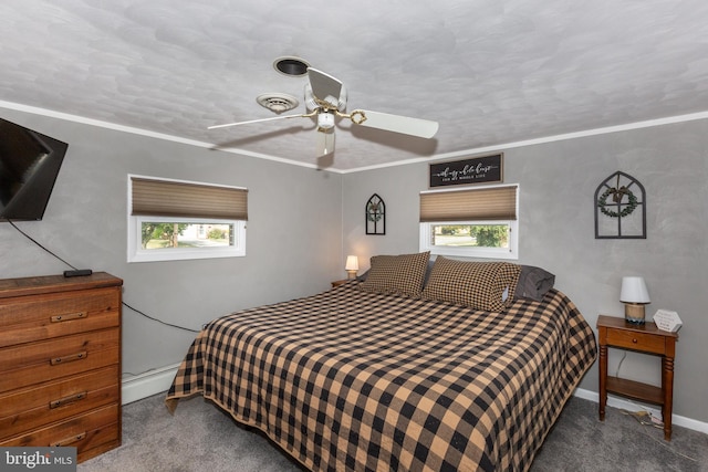 bedroom featuring ceiling fan, carpet floors, a baseboard radiator, and multiple windows