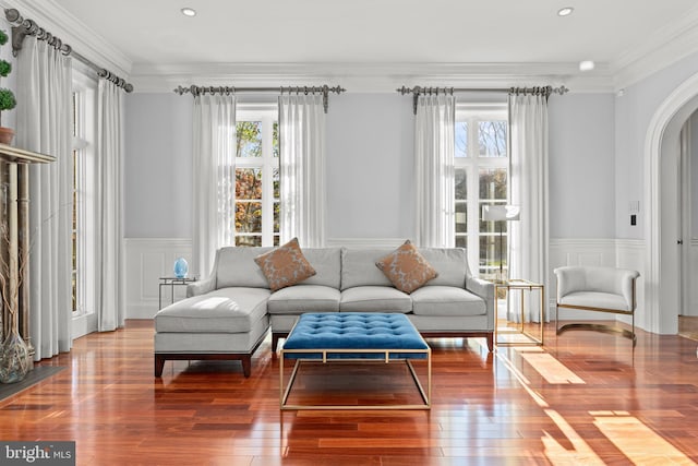 living room featuring a wealth of natural light, wood-type flooring, and ornamental molding