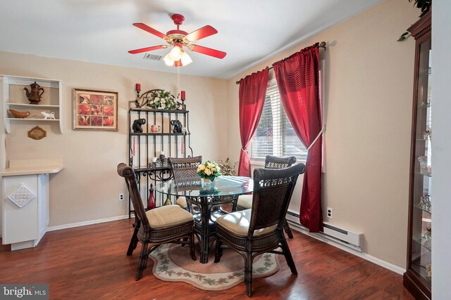 dining space featuring dark hardwood / wood-style floors, ceiling fan, and baseboard heating