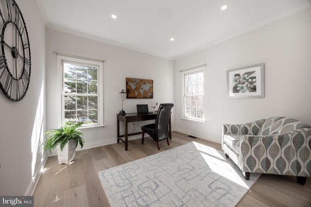 office with baseboards, a wealth of natural light, and wood finished floors