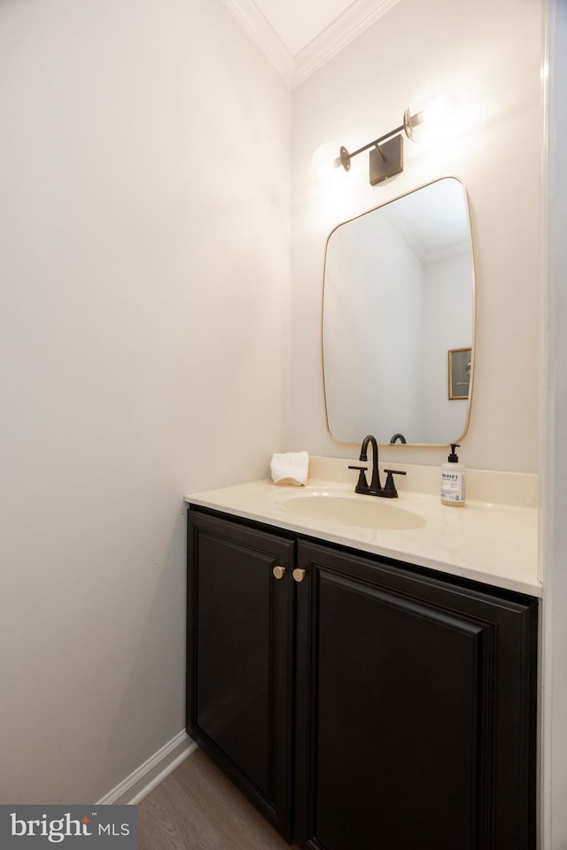 bathroom featuring vanity, ornamental molding, and wood finished floors
