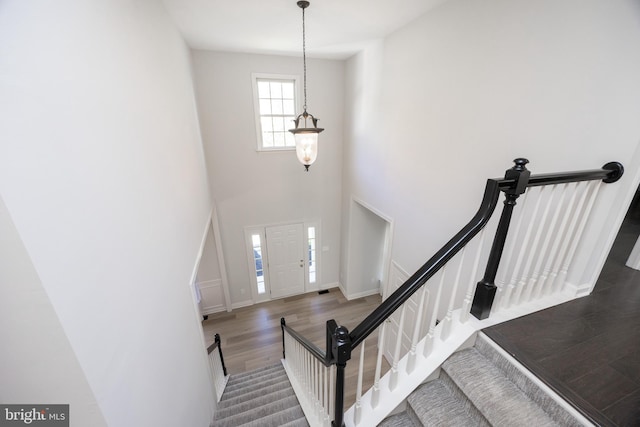 foyer entrance with a high ceiling and wood finished floors
