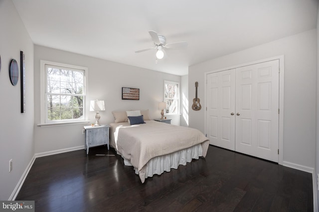 bedroom featuring baseboards, dark wood-type flooring, and multiple windows