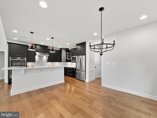 kitchen with a center island, backsplash, hanging light fixtures, appliances with stainless steel finishes, and light hardwood / wood-style floors