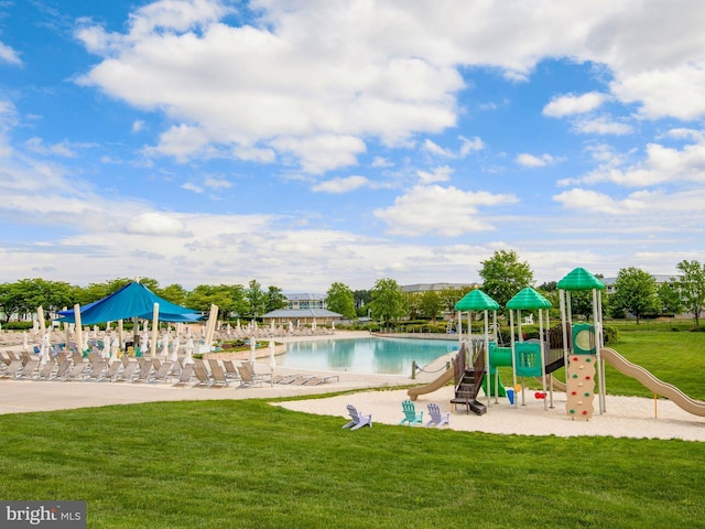 view of playground featuring a lawn