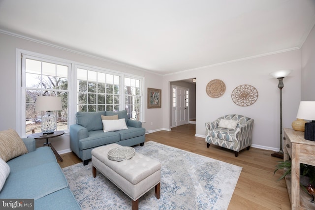 living area featuring crown molding, wood finished floors, and baseboards