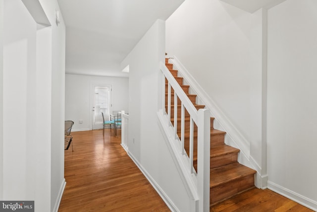 stairway with hardwood / wood-style floors