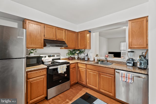 kitchen with sink, stainless steel appliances, and light hardwood / wood-style flooring