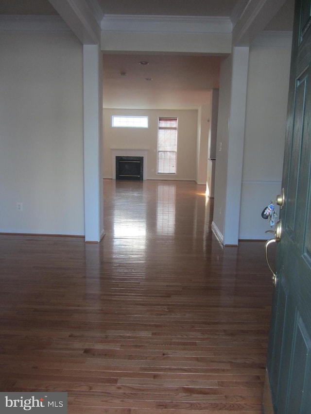 hall with dark hardwood / wood-style flooring and ornamental molding