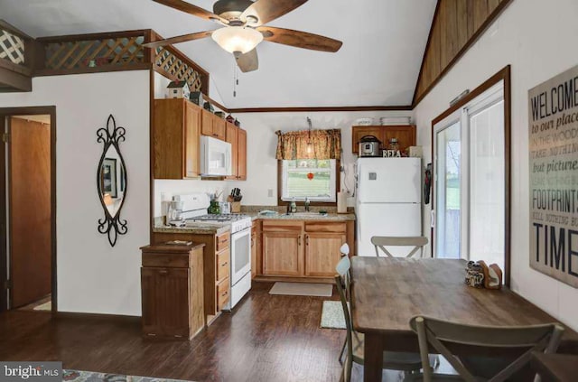 kitchen with dark hardwood / wood-style floors, a healthy amount of sunlight, white appliances, and ceiling fan