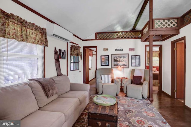 living room with a wall unit AC, hardwood / wood-style floors, and high vaulted ceiling