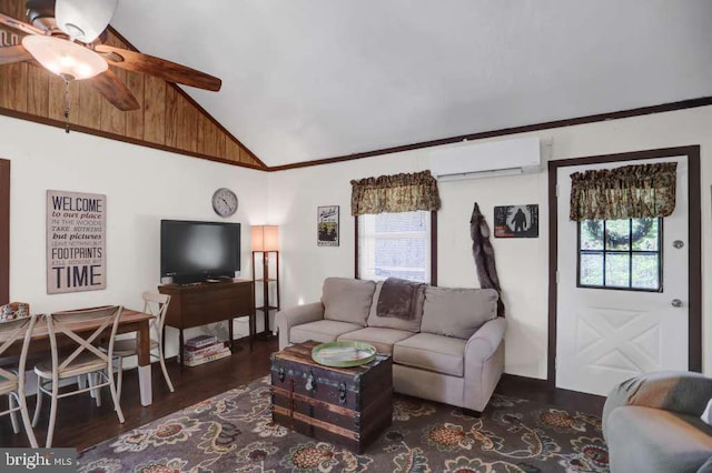 living room featuring ceiling fan, high vaulted ceiling, dark wood-type flooring, and a wall mounted air conditioner