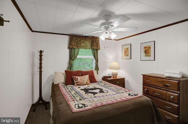 bedroom featuring carpet floors, ceiling fan, and crown molding