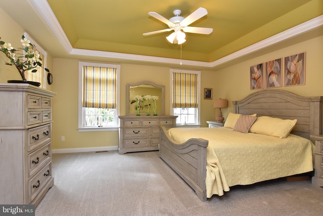 carpeted bedroom featuring a tray ceiling, multiple windows, ceiling fan, and ornamental molding