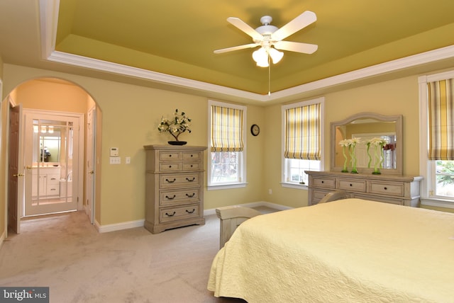 carpeted bedroom with ceiling fan, ensuite bath, a tray ceiling, and multiple windows