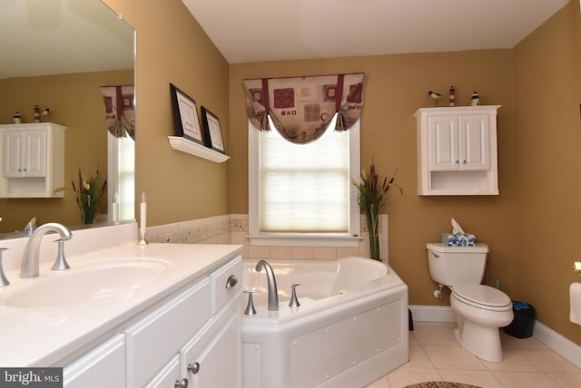 bathroom with tile patterned floors, vanity, a bath, and toilet