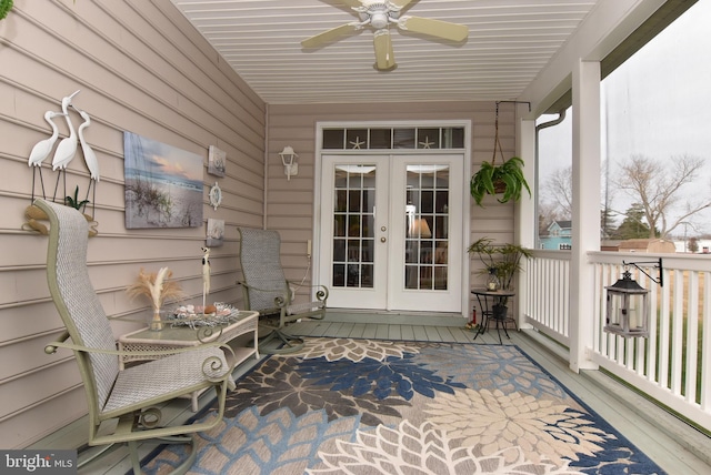 exterior space with ceiling fan and french doors