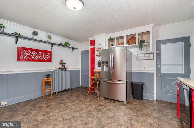 kitchen with dishwasher, stainless steel fridge, and crown molding