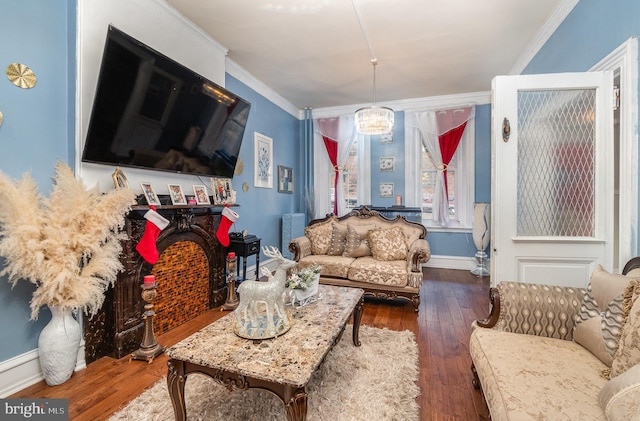 living room with crown molding and dark wood-type flooring