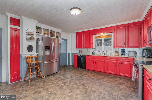 kitchen featuring decorative backsplash, appliances with stainless steel finishes, ornamental molding, and sink