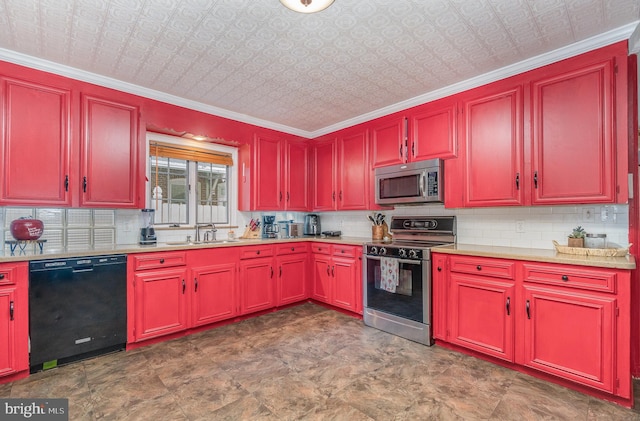 kitchen featuring sink, ornamental molding, and stainless steel appliances