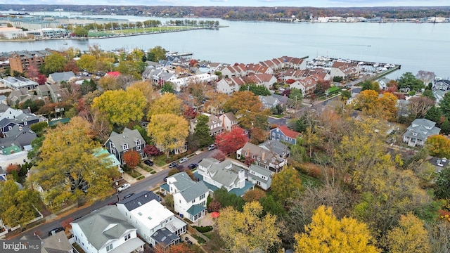 drone / aerial view featuring a water view