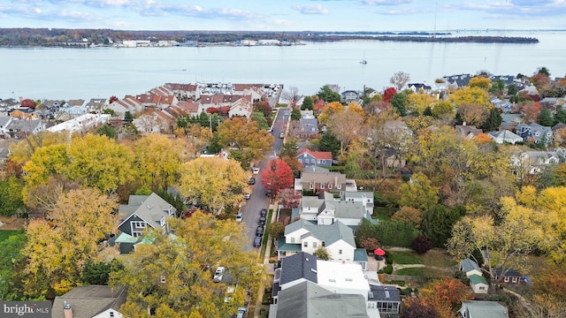 drone / aerial view with a water view