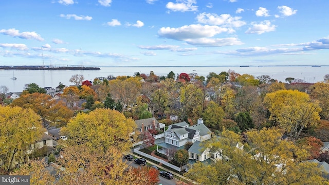 drone / aerial view featuring a water view