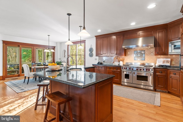 kitchen with sink, light hardwood / wood-style floors, decorative light fixtures, a kitchen island with sink, and appliances with stainless steel finishes