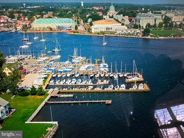 drone / aerial view featuring a water view