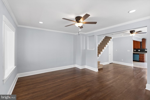 unfurnished living room with crown molding, dark hardwood / wood-style flooring, and ceiling fan