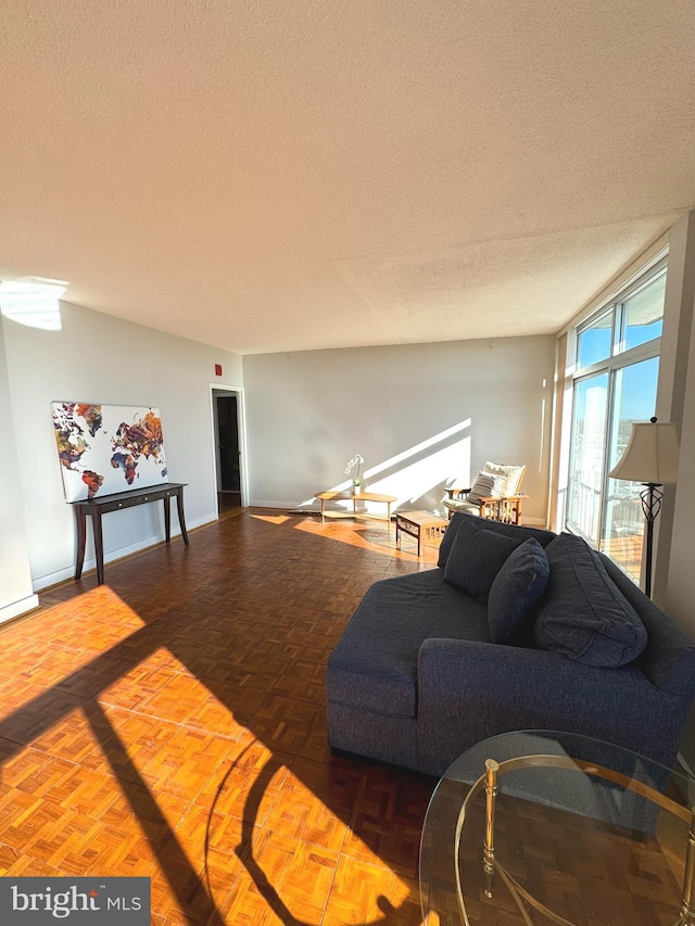 living room with dark parquet flooring and a textured ceiling