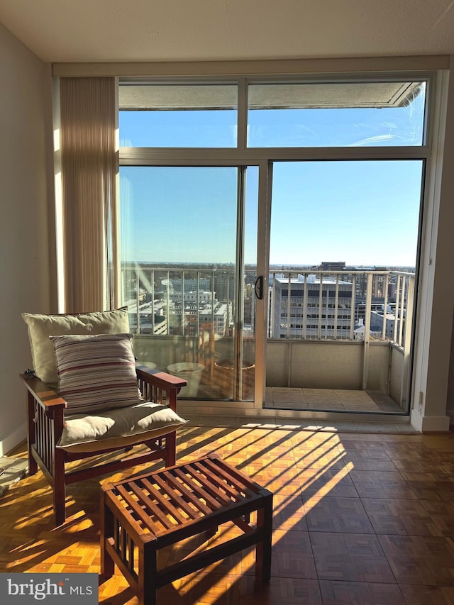 interior space featuring a water view