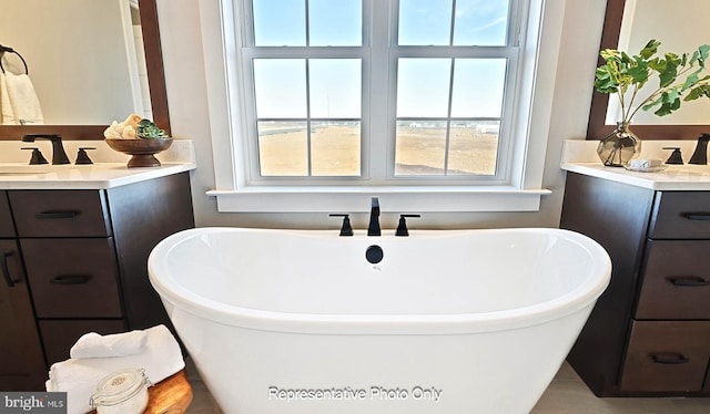 bathroom with vanity and a tub to relax in