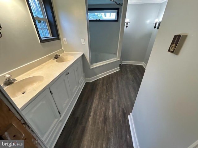 bathroom with hardwood / wood-style floors and vanity