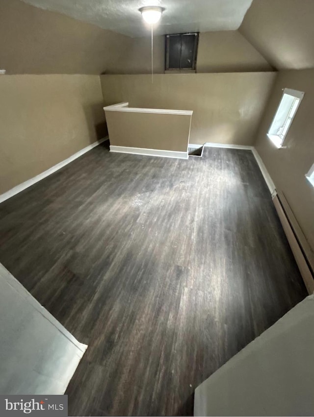 additional living space featuring dark hardwood / wood-style floors, a baseboard radiator, and lofted ceiling