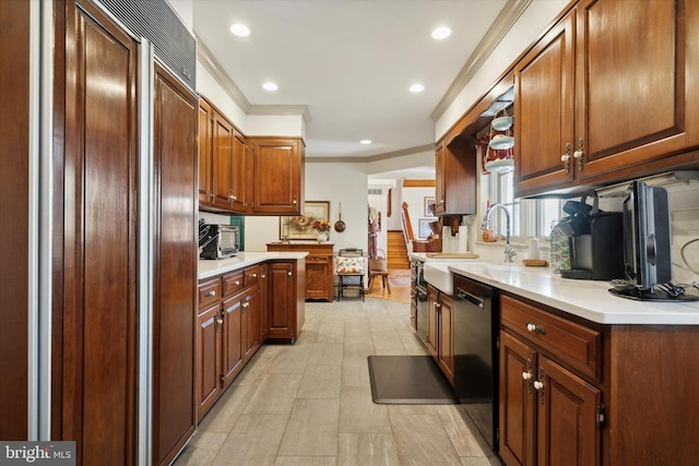 kitchen with crown molding, dishwasher, paneled built in refrigerator, and sink