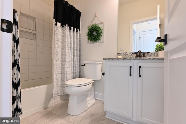 full bathroom with shower / bathtub combination with curtain, tile patterned flooring, vanity, and toilet