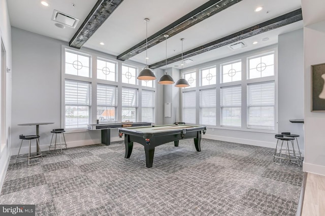 game room featuring beamed ceiling, a towering ceiling, hardwood / wood-style flooring, and pool table