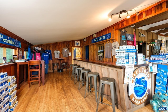 bar featuring light wood-type flooring, crown molding, and wooden walls