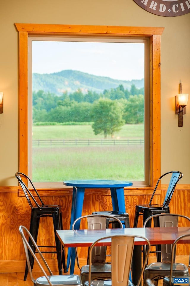 dining room with wooden walls and a wealth of natural light