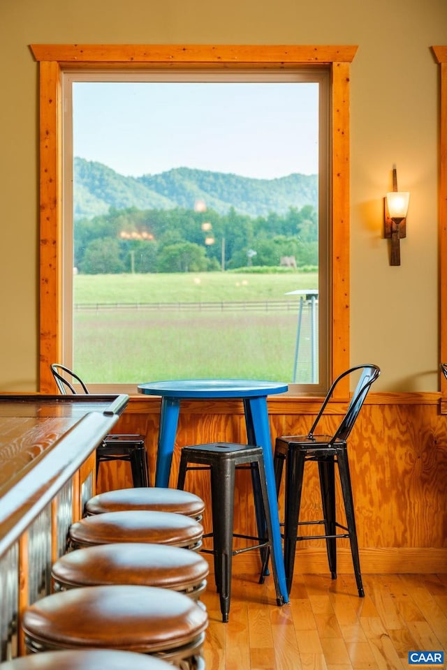 dining space with a mountain view, light wood-type flooring, and a wealth of natural light