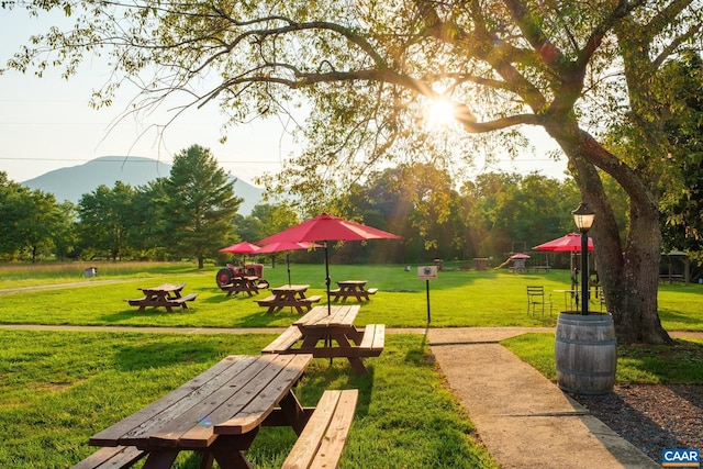 view of property's community with a lawn and a mountain view