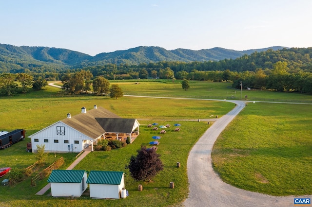 aerial view featuring a mountain view and a rural view