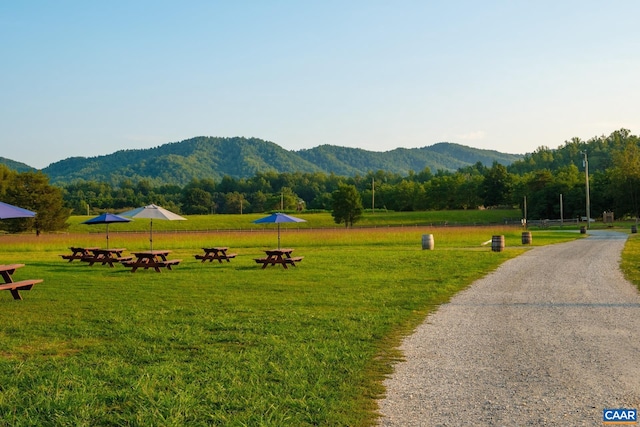 view of community featuring a mountain view, a rural view, and a yard