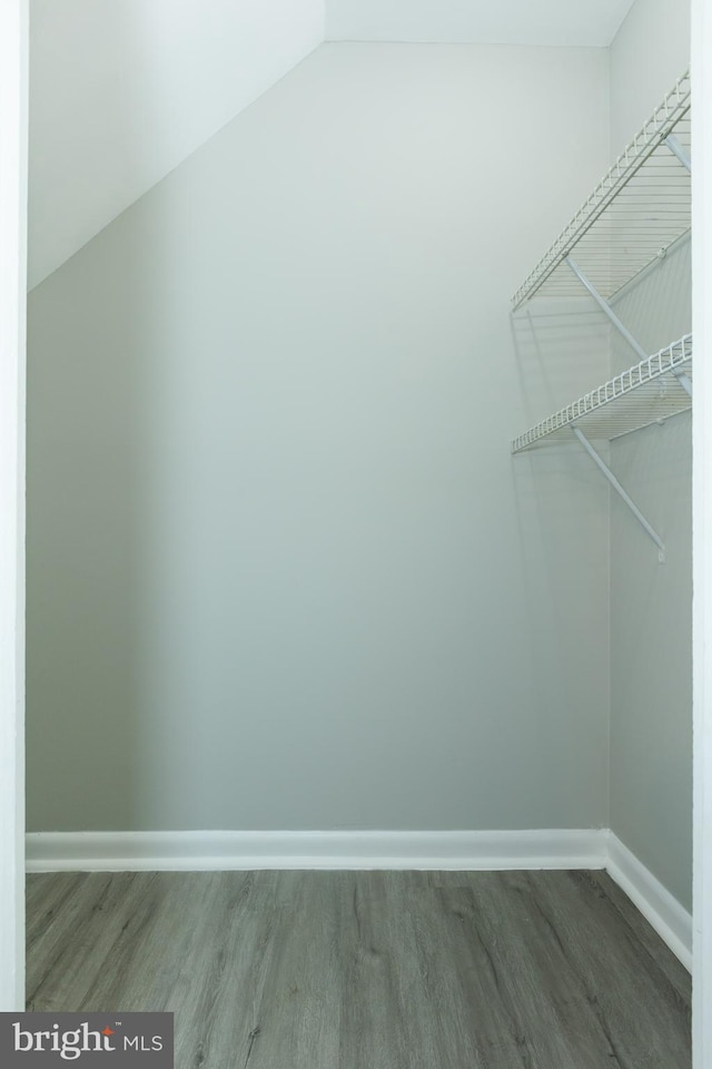 spacious closet featuring hardwood / wood-style floors and lofted ceiling